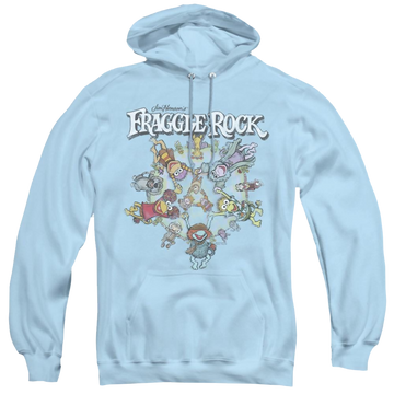 Light blue pullover hoodie with Fraggle Rock Spinning Gang graphic