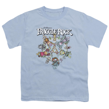 Light blue youth t-shirt for ages 8 to 12 with Fraggle Rock Spinning Gang graphic