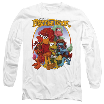 White men's long sleeve t-shirt with Fraggle Rock Group Hug graphic