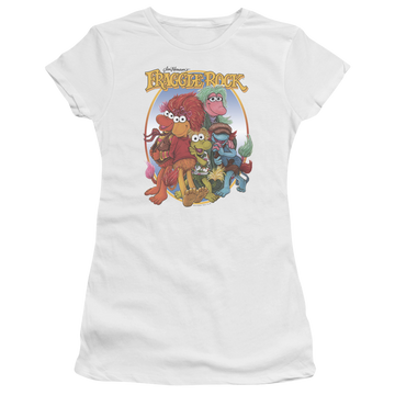 White juniors t-shirt with Fraggle Rock Group Hug graphic