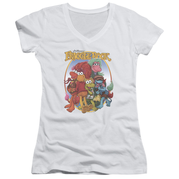 White juniors v-neck t-shirt with Fraggle Rock Group Hug graphic