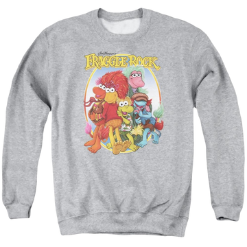 Athletic heather men's crewneck sweatshirt with Fraggle Rock Group Hug graphic