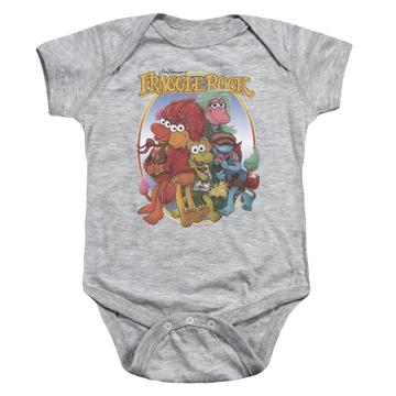 Athletic heather baby bodysuit with Fraggle Rock Group Hug graphic