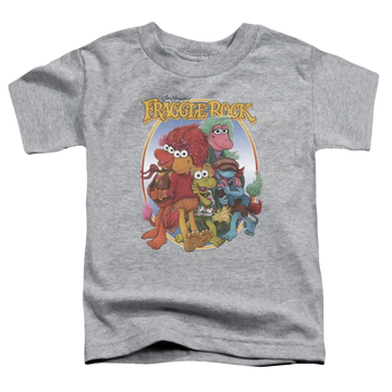 Athletic heather toddler t-shirt with Fraggle Rock Group Hug graphic