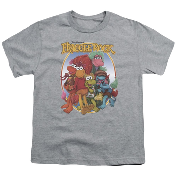 Athletic heather youth t-shirt for ages 8 to 12 with Fraggle Rock Group Hug graphic