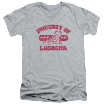 Athletic heather men's v-neck t-shirt with Garfield Property Of Lasagna graphic