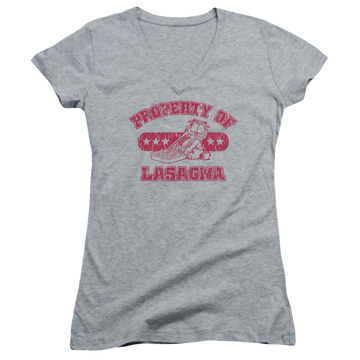 Athletic heather juniors v-neck t-shirt with Garfield Property Of Lasagna graphic