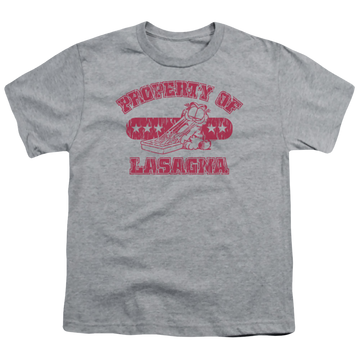 Athletic heather kid's t-shirt for ages 4 to 7 with Garfield Property Of Lasagna graphic