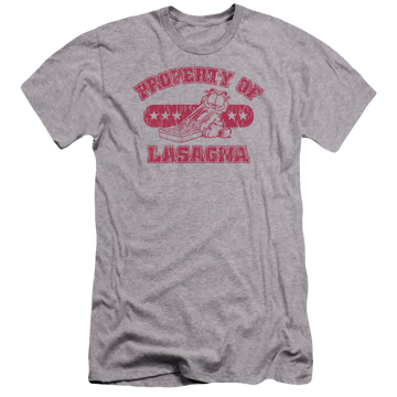 Athletic heather men's premium slim fit t-shirt with Garfield Property Of Lasagna graphic