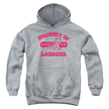 Athletic heather youth hoodie for ages 8 to 12 with Garfield Property Of Lasagna graphic