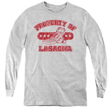 Athletic heather youth long sleeve t-shirt with Garfield Property Of Lasagna graphic
