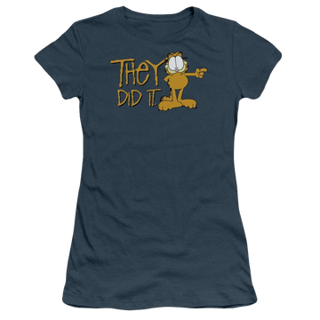 Indigo juniors t-shirt with Garfield They Did It graphic
