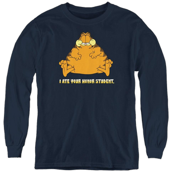 Navy youth long sleeve t-shirt with Garfield I Ate Your Honor Student graphic