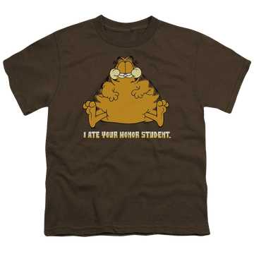 Navy youth t-shirt for ages 8 to 12 with Garfield I Ate Your Honor Student graphic