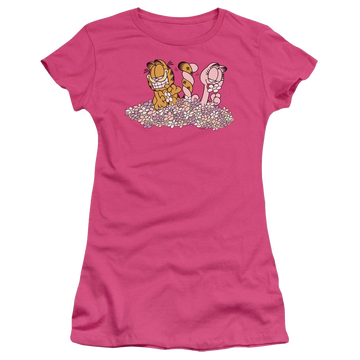 Hot pink juniors t-shirt with Garfield Chicks Dig Flowers graphic