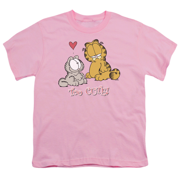 Pink youth t-shirt for ages 8 to 12 with Garfield Too Cute graphic