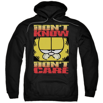 Black pullover hoodie with Garfield Don't Know Don't Care graphic