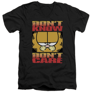Black men's v-neck t-shirt with Garfield Dont Know Dont Care graphic