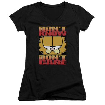 Black juniors v-neck t-shirt with Garfield Dont Know Dont Care graphic