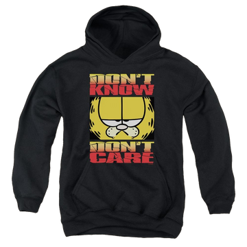 Black youth hoodie for ages 8 to 12 with Garfield Dont Know Dont Care graphic