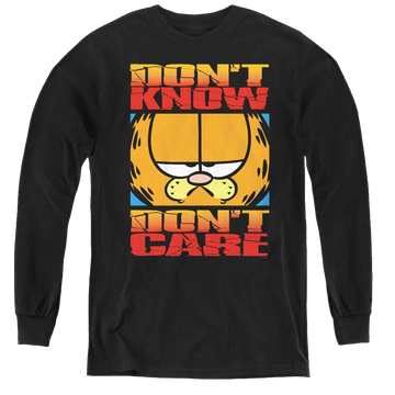 Black youth long sleeve t-shirt with Garfield Dont Know Dont Care graphic