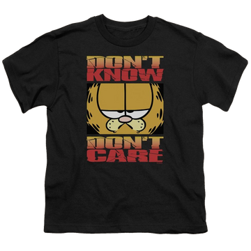 Black youth t-shirt for ages 8 to 12 with Garfield Dont Know Dont Care graphic