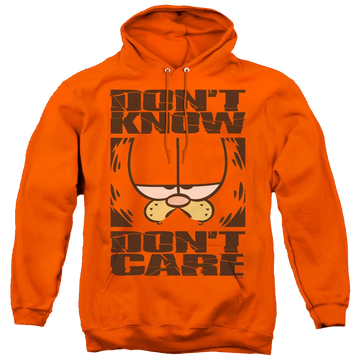 Orange pullover hoodie with Garfield Dont Know Dont Care graphic