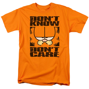 Orange men's regular fit t-shirt with Garfield Dont Know Dont Care graphic