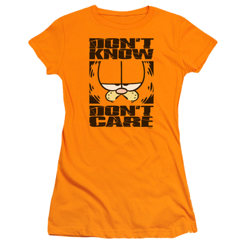 Orange juniors t-shirt with Garfield Dont Know Dont Care graphic