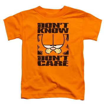 Orange toddler t-shirt with Garfield Dont Know Dont Care graphic