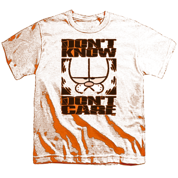 Orange youth t-shirt for ages 8 to 12 with Garfield Dont Know Dont Care graphic