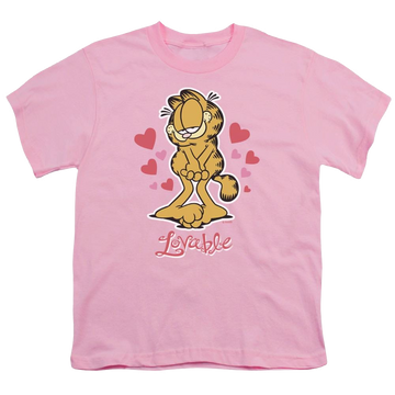 Pink youth t-shirt for ages 8 to 12 with Garfield Lovable graphic