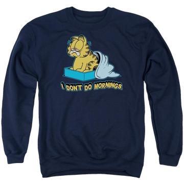 Navy men's crewneck sweatshirt with Garfield I Dont Do Mornings graphic