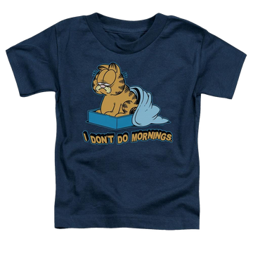 Navy toddler t-shirt with Garfield I Dont Do Mornings graphic