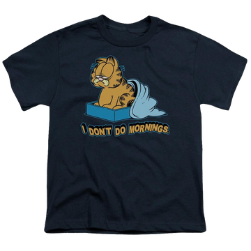 Navy youth t-shirt for ages 8 to 12 with Garfield I Dont Do Mornings graphic