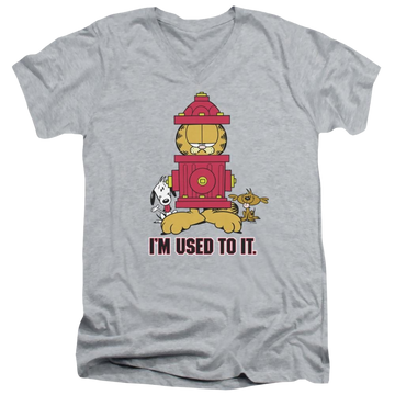 Athletic heather men's v-neck t-shirt with Garfield Im Used To It graphic