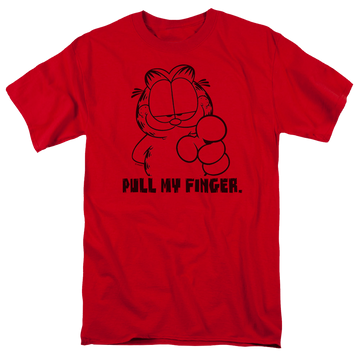 Red men's regular fit t-shirt with Garfield Pull My Finger graphic