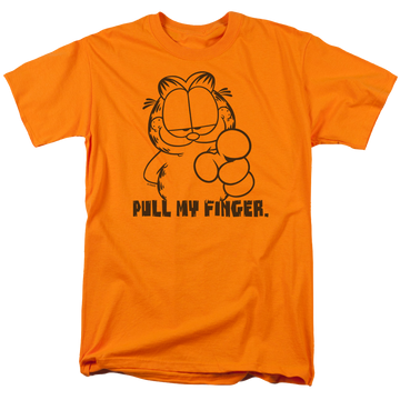 Orange men's regular fit t-shirt with Garfield Pull My Finger graphic