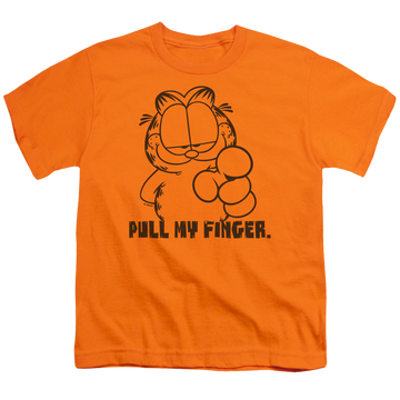 Orange kid's t-shirt for ages 4 to 7 with Garfield Pull My Finger graphic