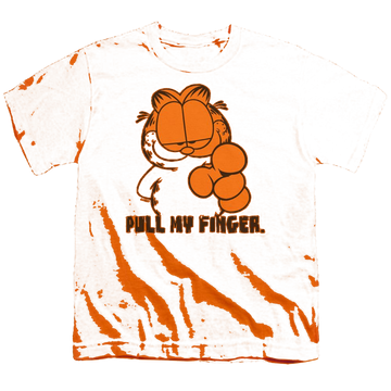 Orange youth t-shirt for ages 8 to 12 with Garfield Pull My Finger graphic