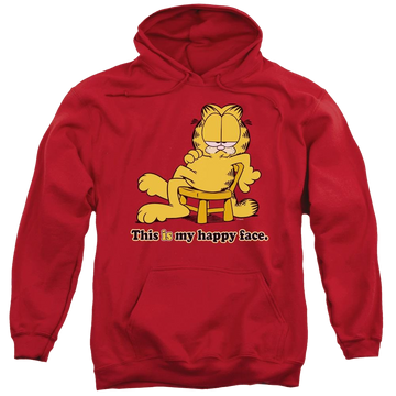 Red pullover hoodie with Garfield Happy Face graphic