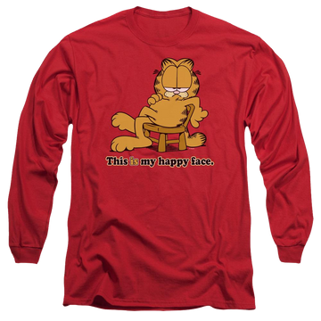 Red men's long sleeve t-shirt with Garfield Happy Face graphic