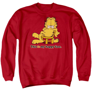 Red men's crewneck sweatshirt with Garfield Happy Face graphic