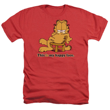 Red men's heather t-shirt with Garfield Happy Face graphic