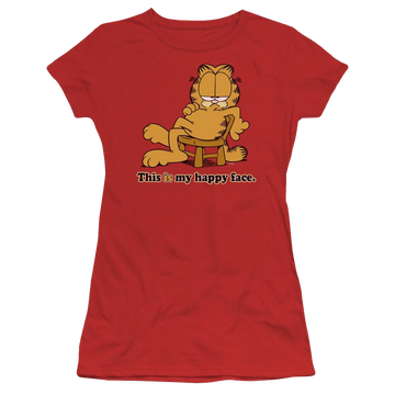 Red juniors t-shirt with Garfield Happy Face graphic
