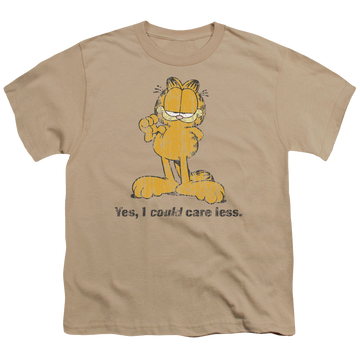 Sand youth t-shirt for ages 8 to 12 with Garfield Yes I Could Care Less graphic