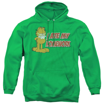 Kelly green pullover hoodie with Garfield I Ate My Homework graphic