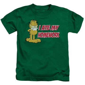 Kelly green kid's t-shirt for ages 4 to 7 with Garfield I Ate My Homework graphic