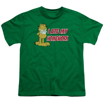 Kelly green youth t-shirt for ages 8 to 12 with Garfield I Ate My Homework graphic