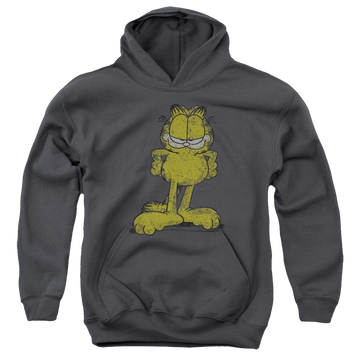 Charcoal youth hoodie for ages 8 to 12 with Garfield Big Ol' Cat graphic